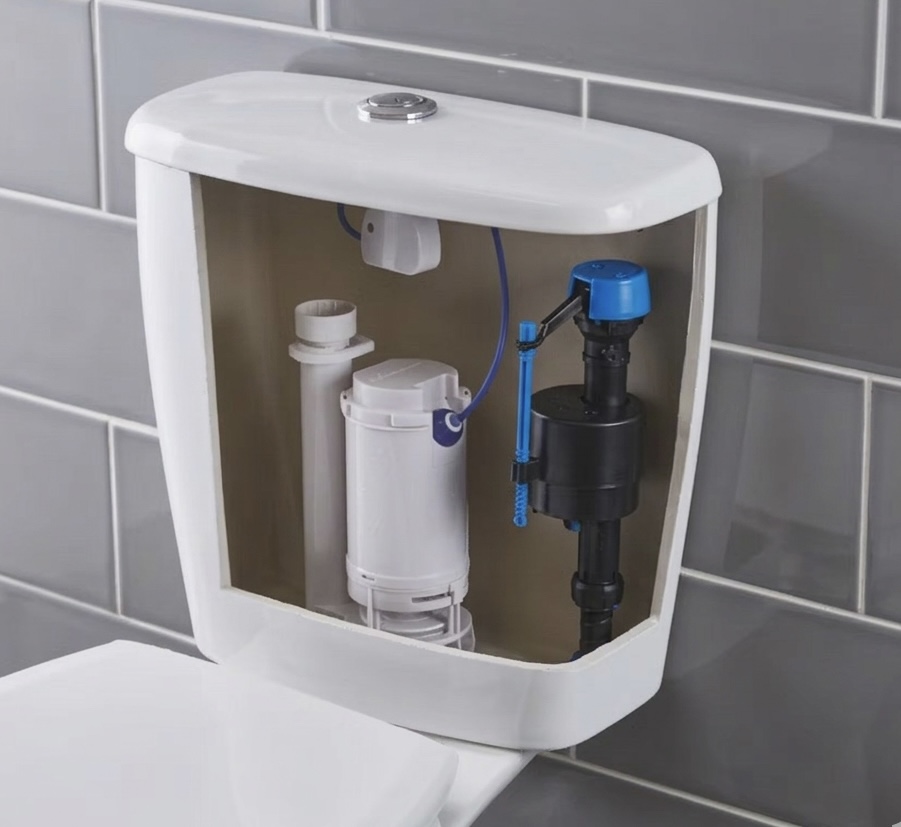 Open cistern showing the internal flush valve and fill valve